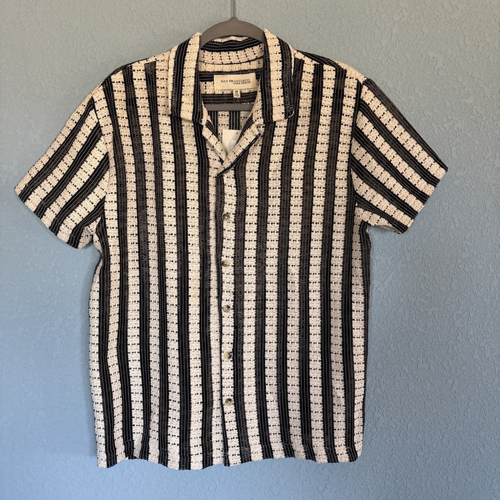NWT San Francisco Work Shirts Men's M Crochet Open Knit Button Up Camp Beach